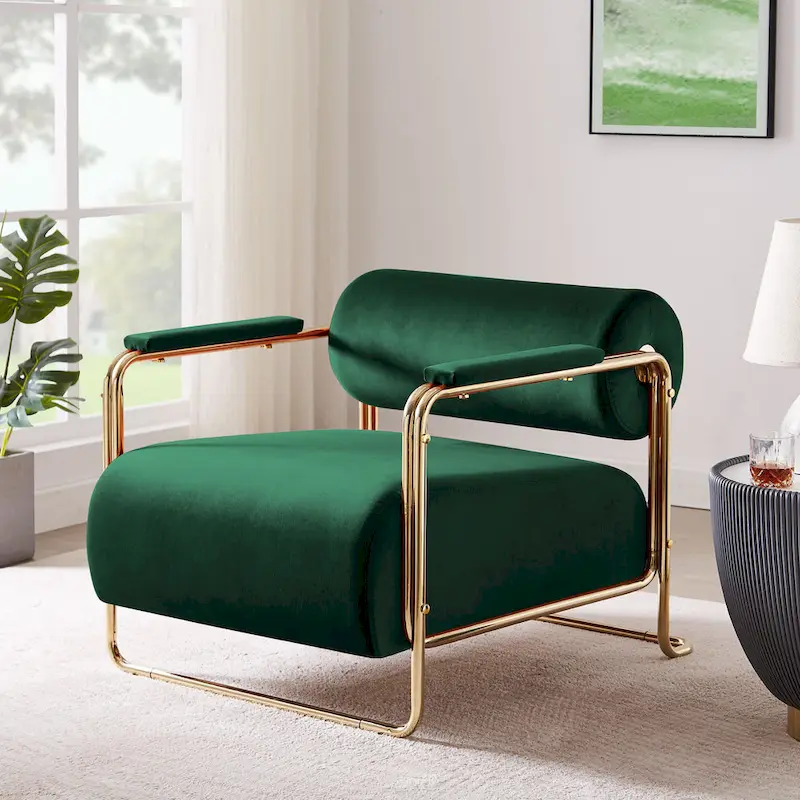 VANOMi 31 Wide Futuristic Velvet Armchair With Glossy Gold Frame Cylindrical Backrest