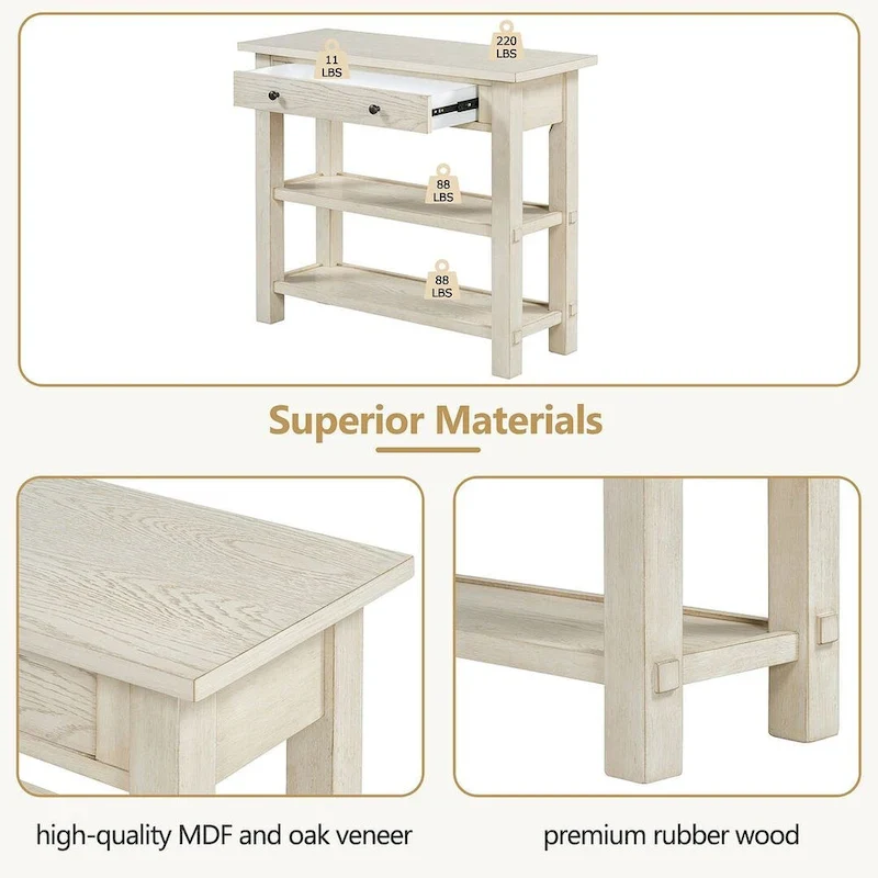 36 Farmhouse Solid Wood Console Table with Drawers and 2 Shelves