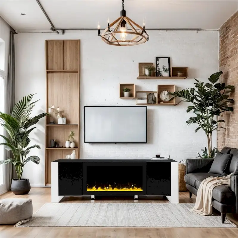 Modern TV Stand with 34.2 Non-heating Electric Fireplace and Cabinets