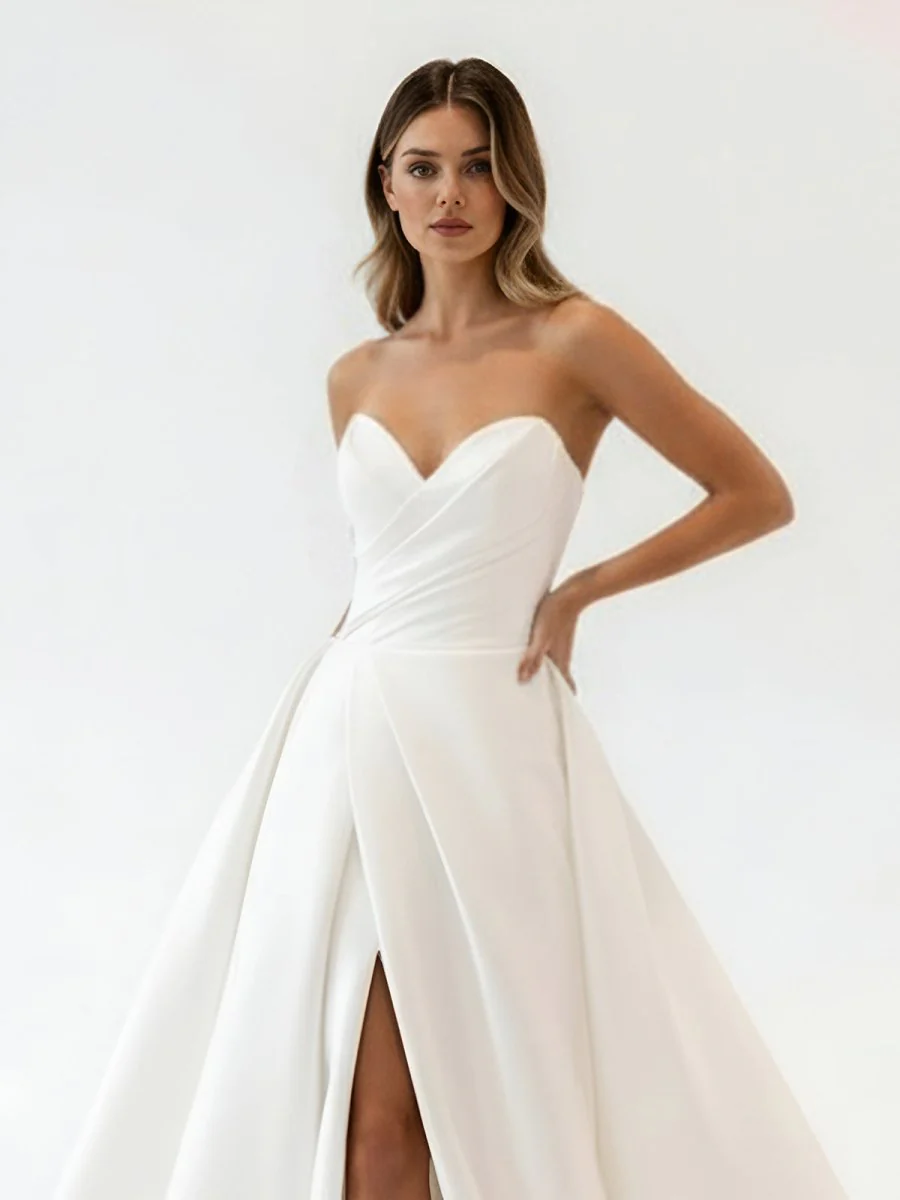 White Satin Long A-Line Wedding Dress with Slit