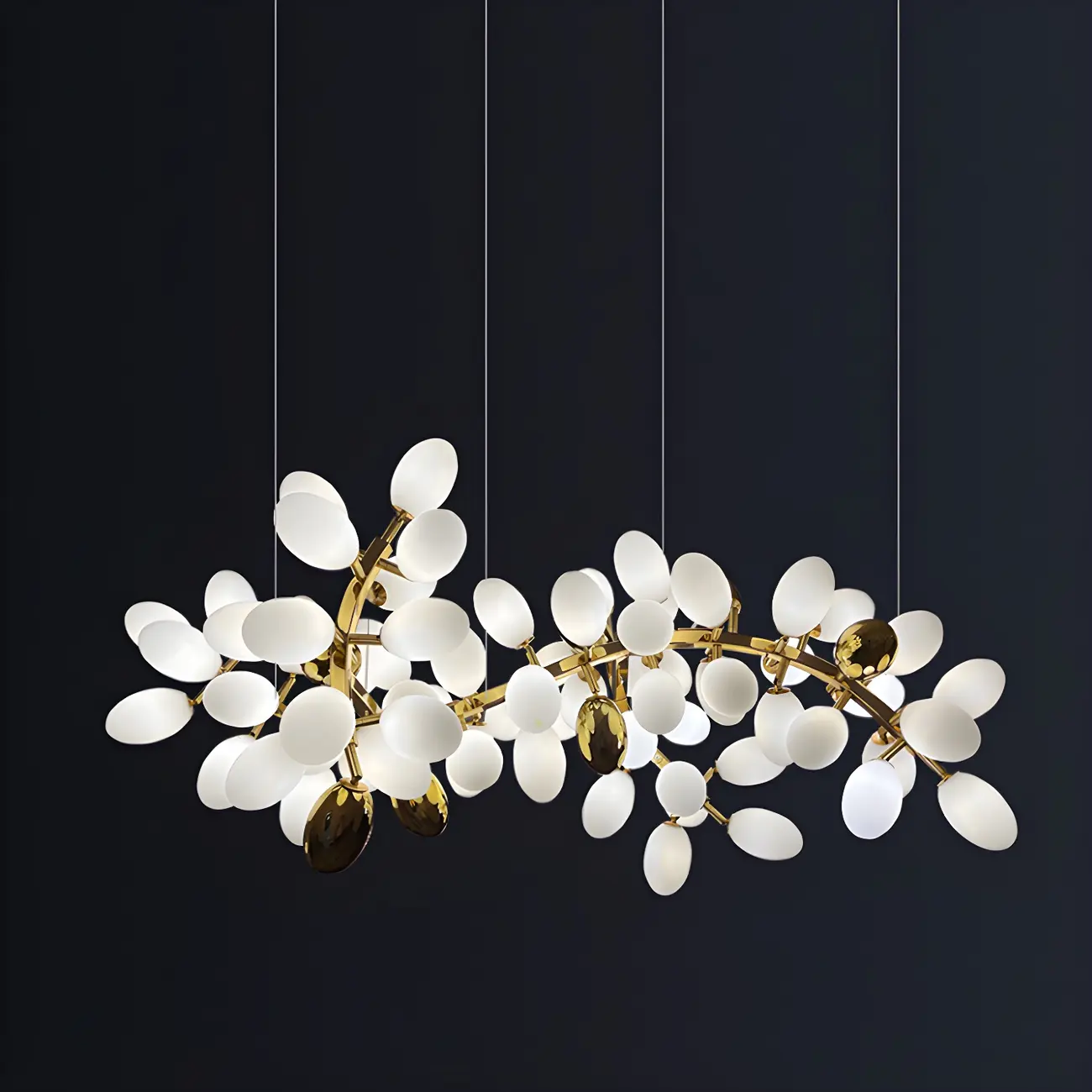 1 Tier Gold Branch White Glass Oval Cluster Pendant Light