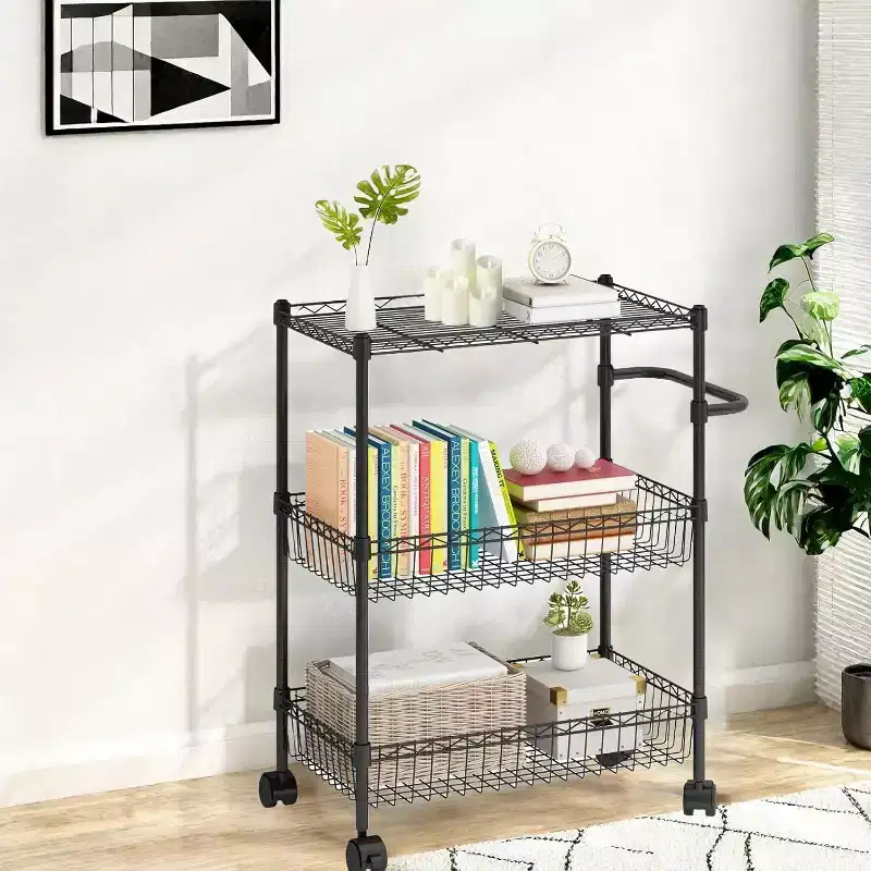 3 Tier Adjustable Heavy Duty Utility Cart On Wheel, Steel Kitchen Rolling Carts with Handle Bar