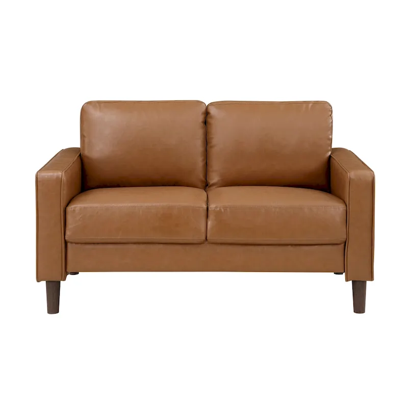 Stark 54 Inch Loveseat, Brown Faux Leather, Track Style Arms, Solid Wood