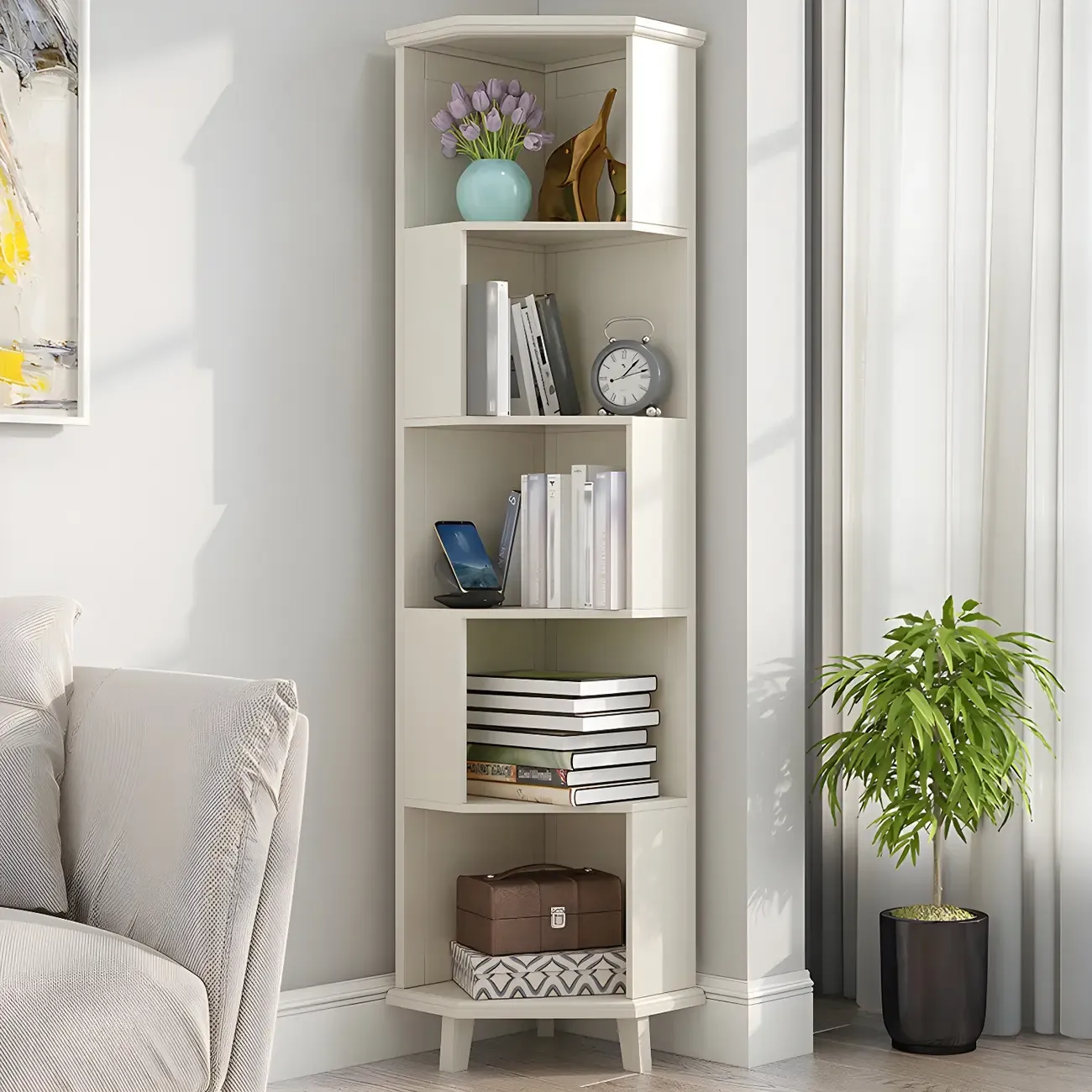 Simple 5-Tier Wood Corner Bookcase in White/Walnut