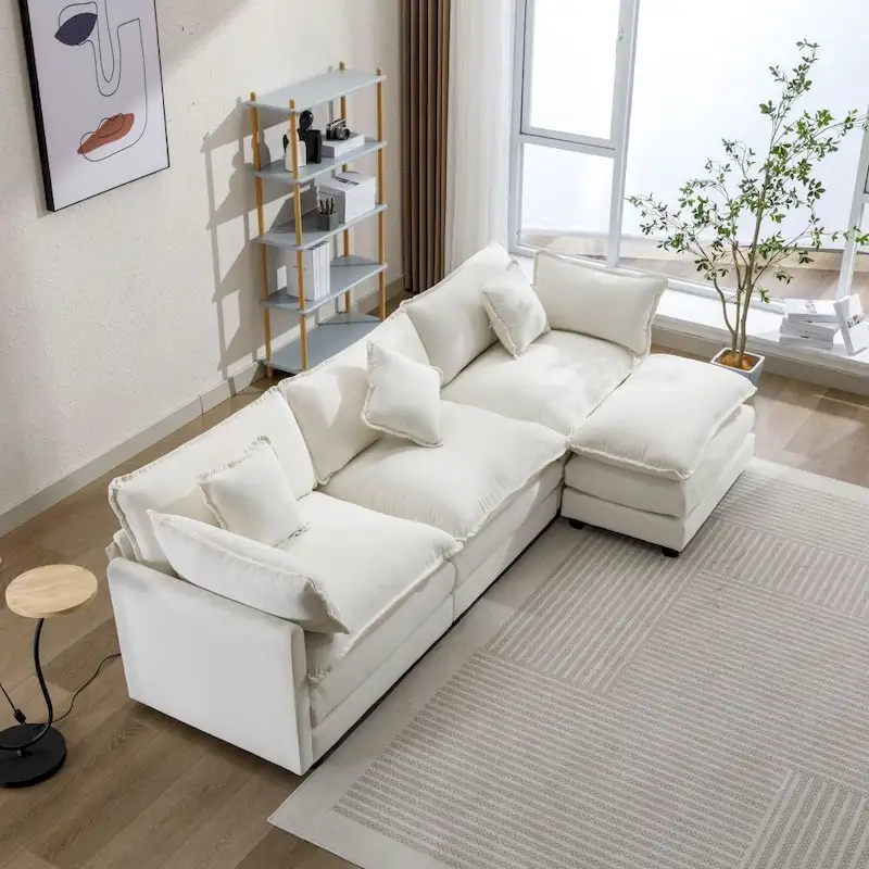 White / Grey / Blue L-Shape Chenille Sofa with Ottoman, Seats 4–5