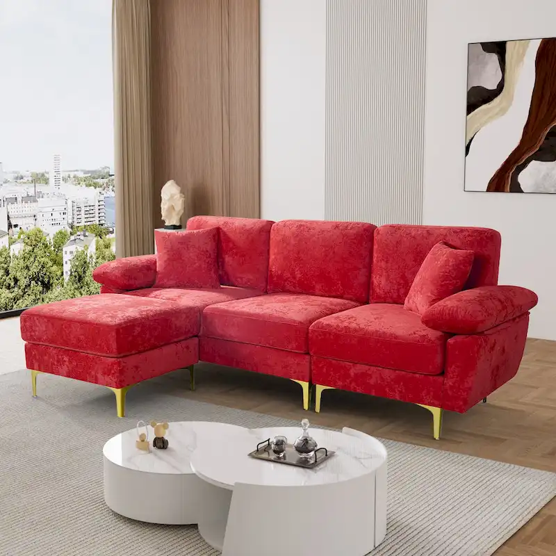 Upholstered Velvet Sectional Sofa with Pillows & Ottoman