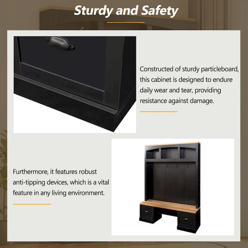Farmhouse Hall Tree with Wood Grain Bench, Hooks and Bottom Cabinets