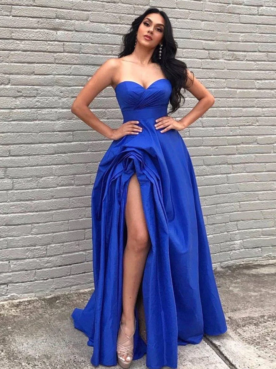 A Line Sweetheart Satin Long Prom Dresses with Slit