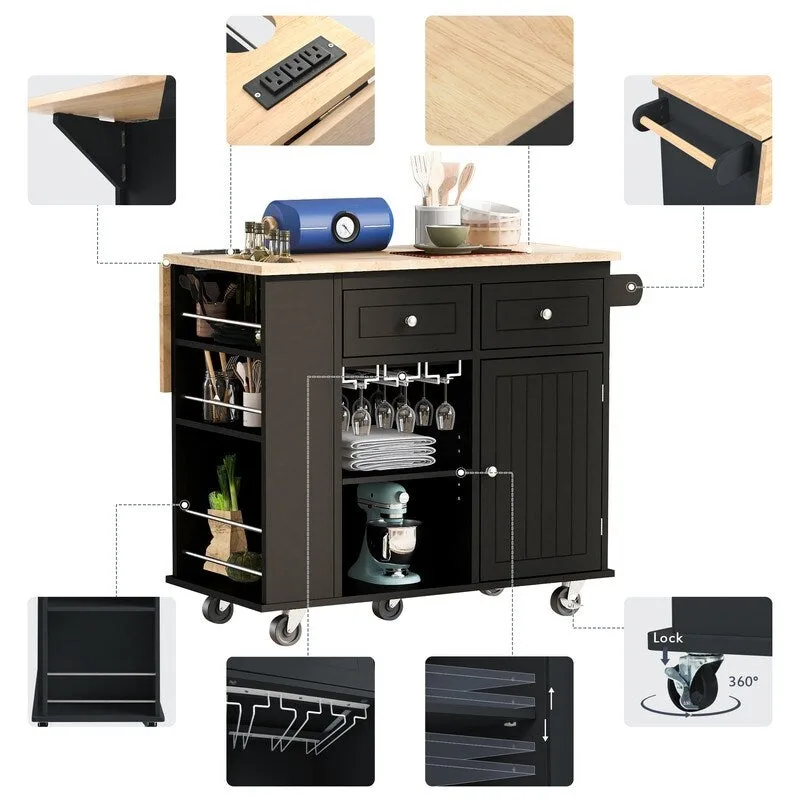 Drop Leaf Rubber Wood Kitchen Island with Power Outlet,Wine Rack