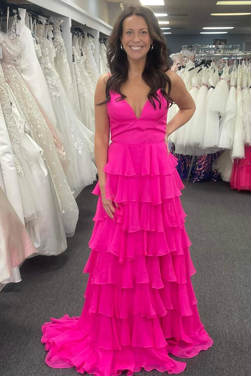 V-Neck Straps Ruffle Chiffon Prom Dress with Slit