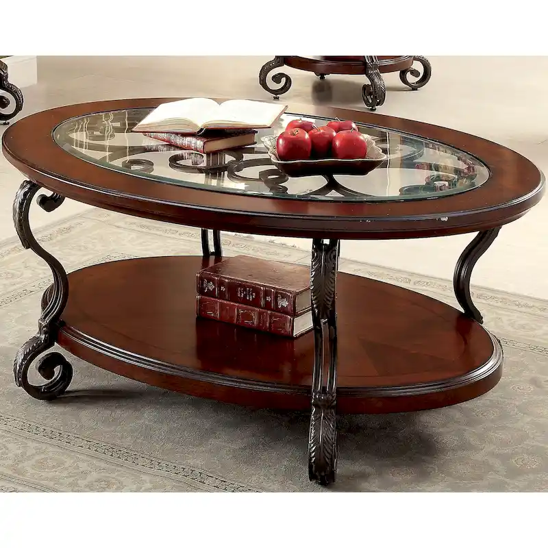 Cienna Traditional Brown Cherry 48-inch Glass Top 1-Shelf Coffee Table with Scrolled Metalwork