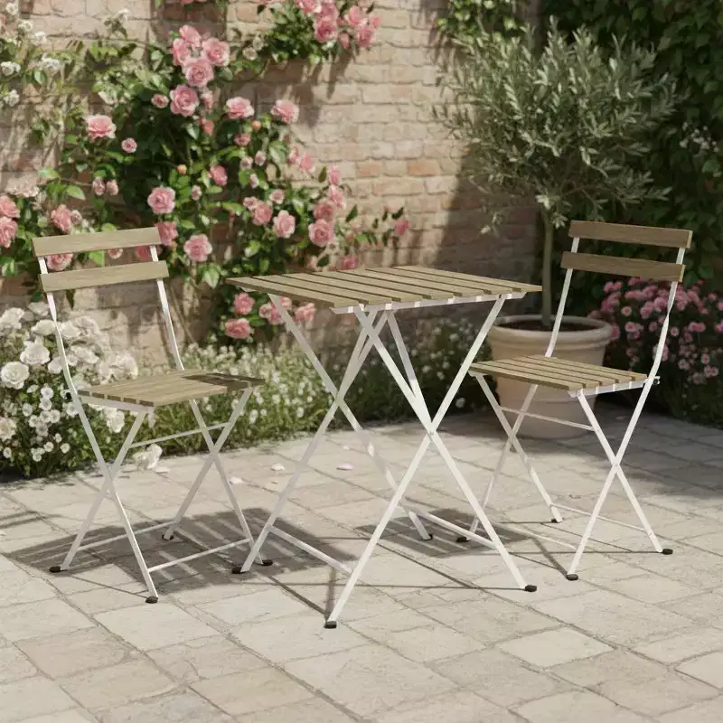 Gymax 3-Piece Acacia Wood Patio Bistro Set with Round Table & 2 Foldable Chairs Black + Brown/White + Gray