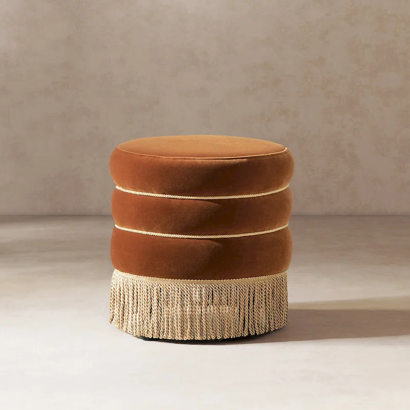 Edward 17.5 Round Upholstered Ottoman with Gold Bullion Fringe