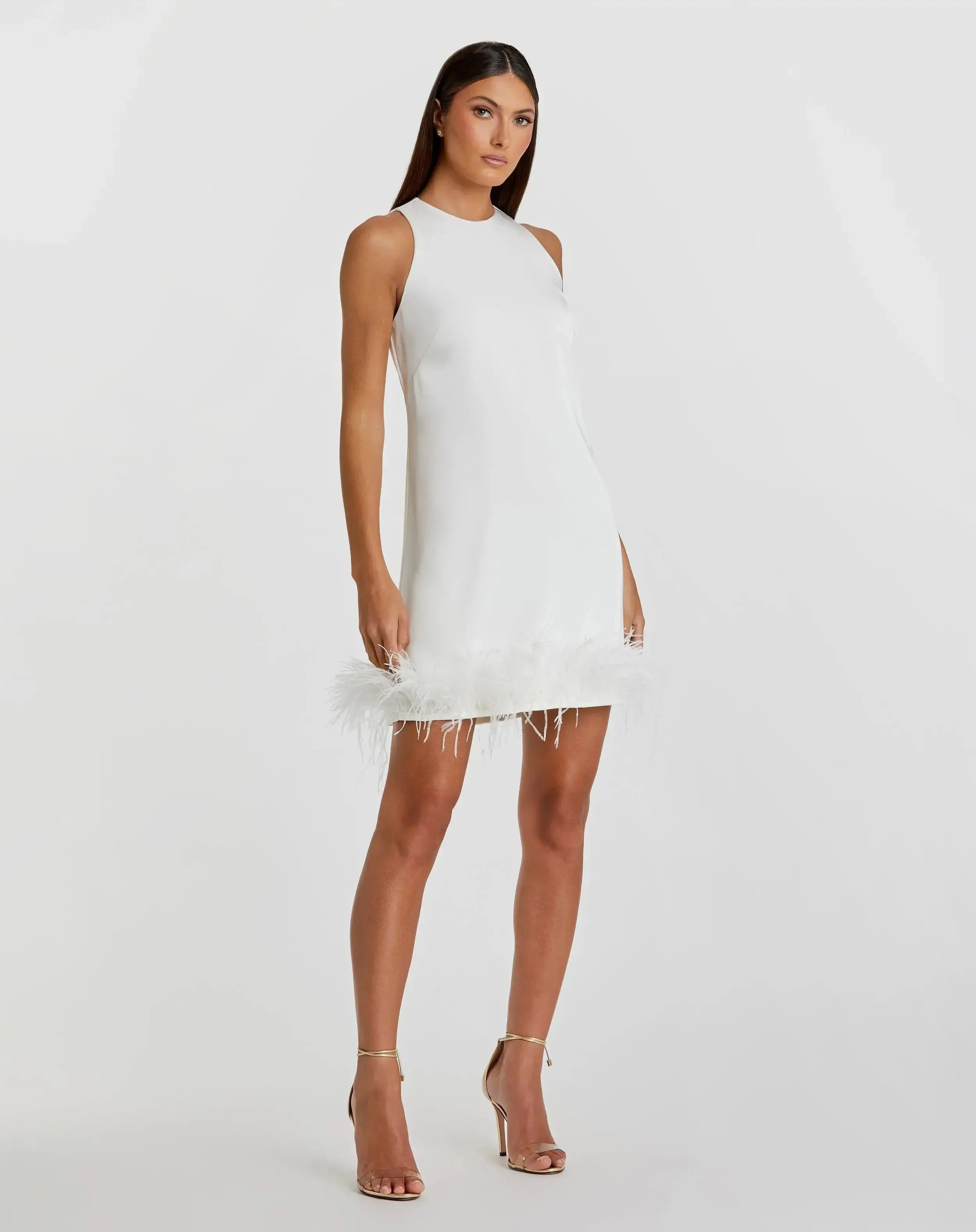 White Feathered Hem High Neck Sleeveless Trapeze Dress