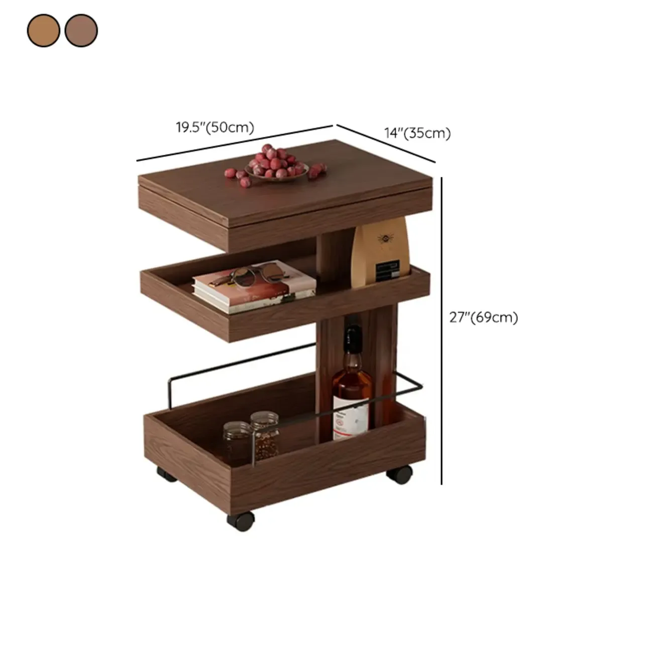 Brown Wood Rectangular 3-Tier Rolling Side Table