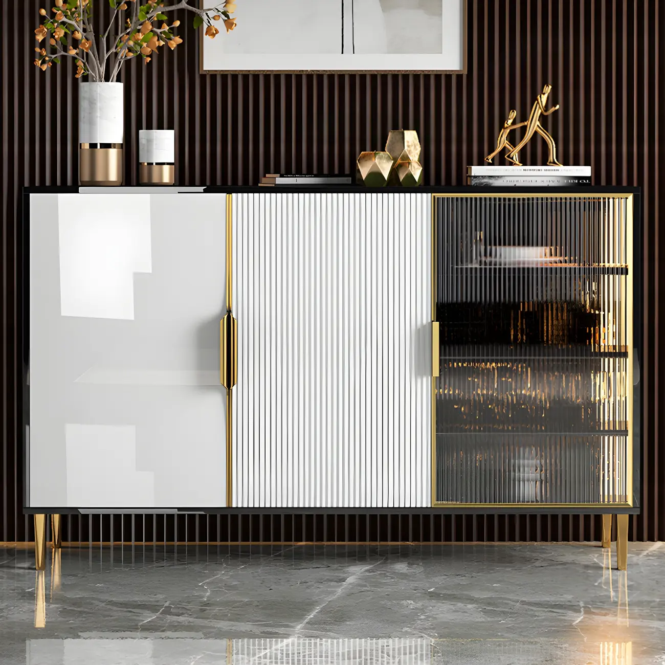 Glam High Gloss Wooden Buffet Sideboard with Cabinets