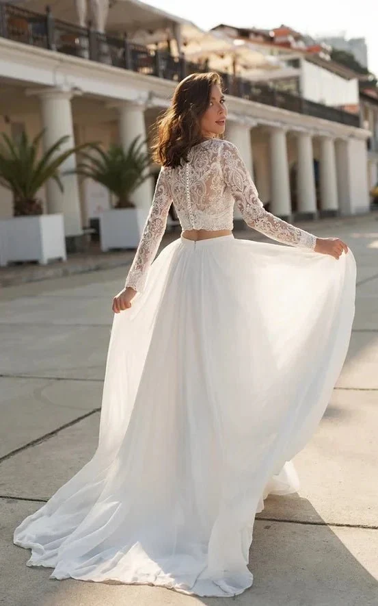 Two Piece V-neck Wedding Dress with Sweep Train Lace Long Sleeves