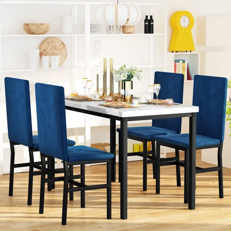 Dining Table for 4, Kitchen Faux Marble Table with Velvet Chairs for Small Spaces, Breakfast Nook, Living Room