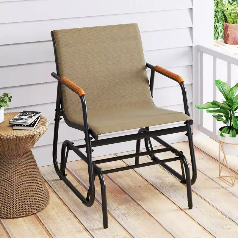 Costway Patio Glider Chair w/ Curved Teak Armrests & Breathable Fabric Seat Outdoor