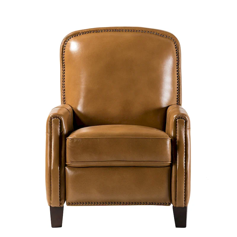 Modern Retro Genuine Leather Recliner with Nailhead Trim & Wooden Frame