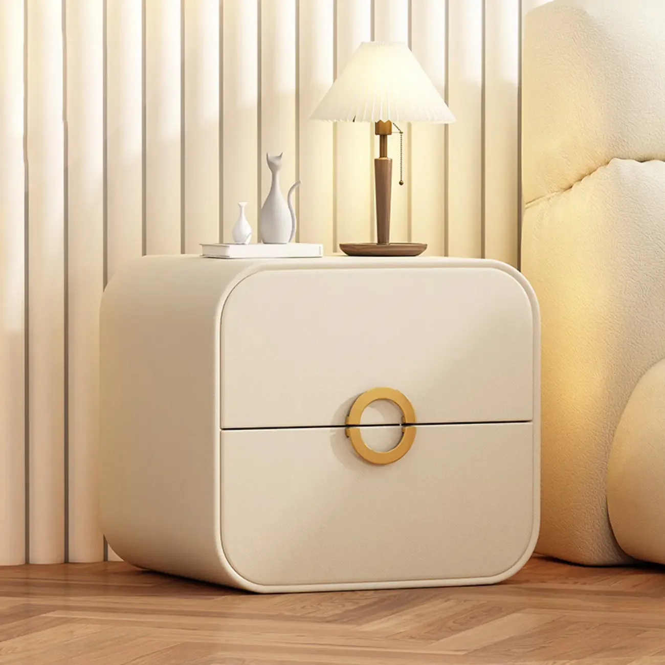 Modern Faux Leather Gold Ring Handle Nightstand with 2 Drawers