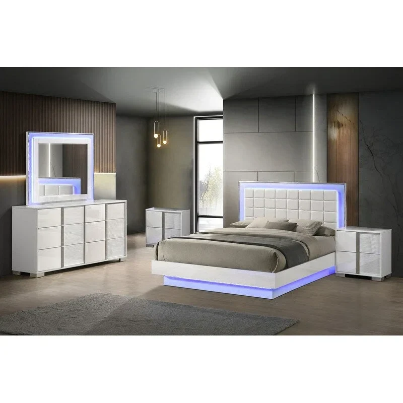 Best Quality Furniture B750 White Lacquer with LED Bedroom Set