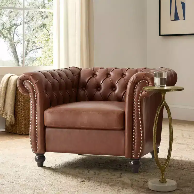 Whisen Modern Chesterfield Accent Chair, Club Chair with Scrolled Arms, Nailhead Trim and Solid Wood Legs