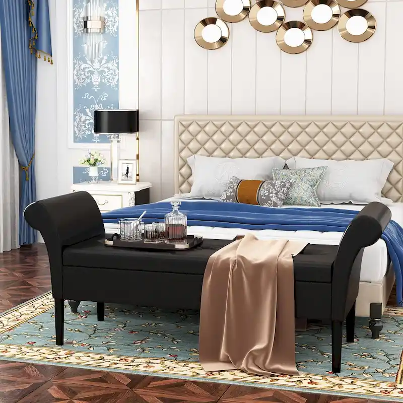 Tufted Storage Ottoman Bench with Arms – Black / Tan / Blue-Green / Grey, Faux Leather, Seats 2–3