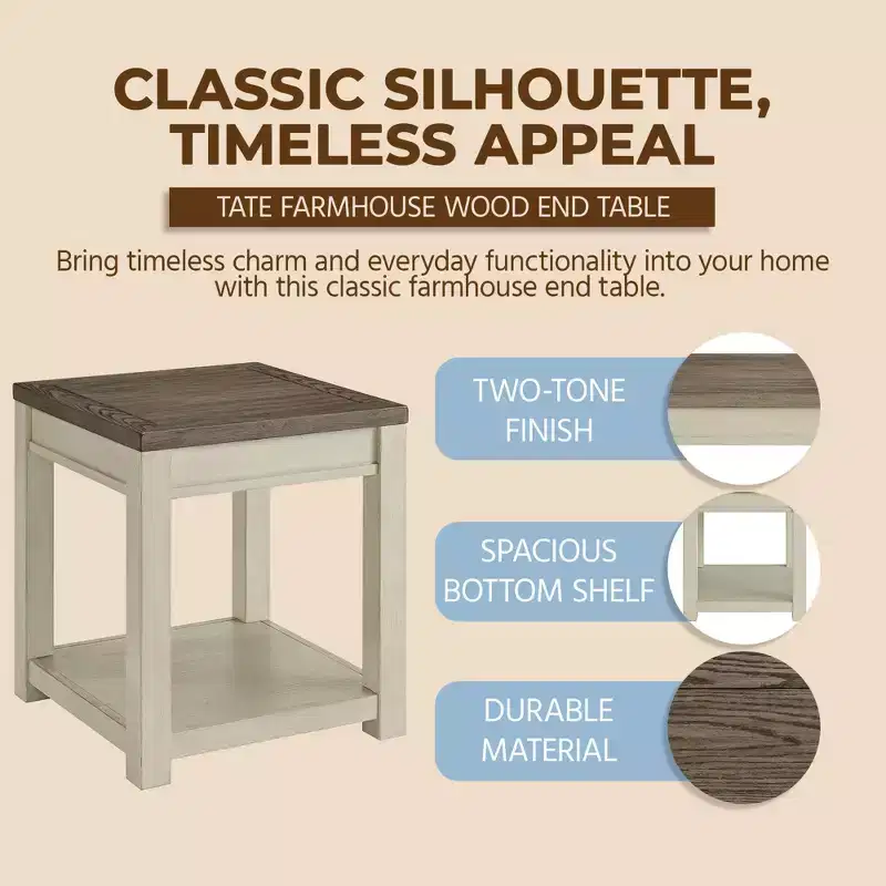 ROME + OAK Tate Farmhouse Wood End Table with Shelf, Weathered Brown and Cream