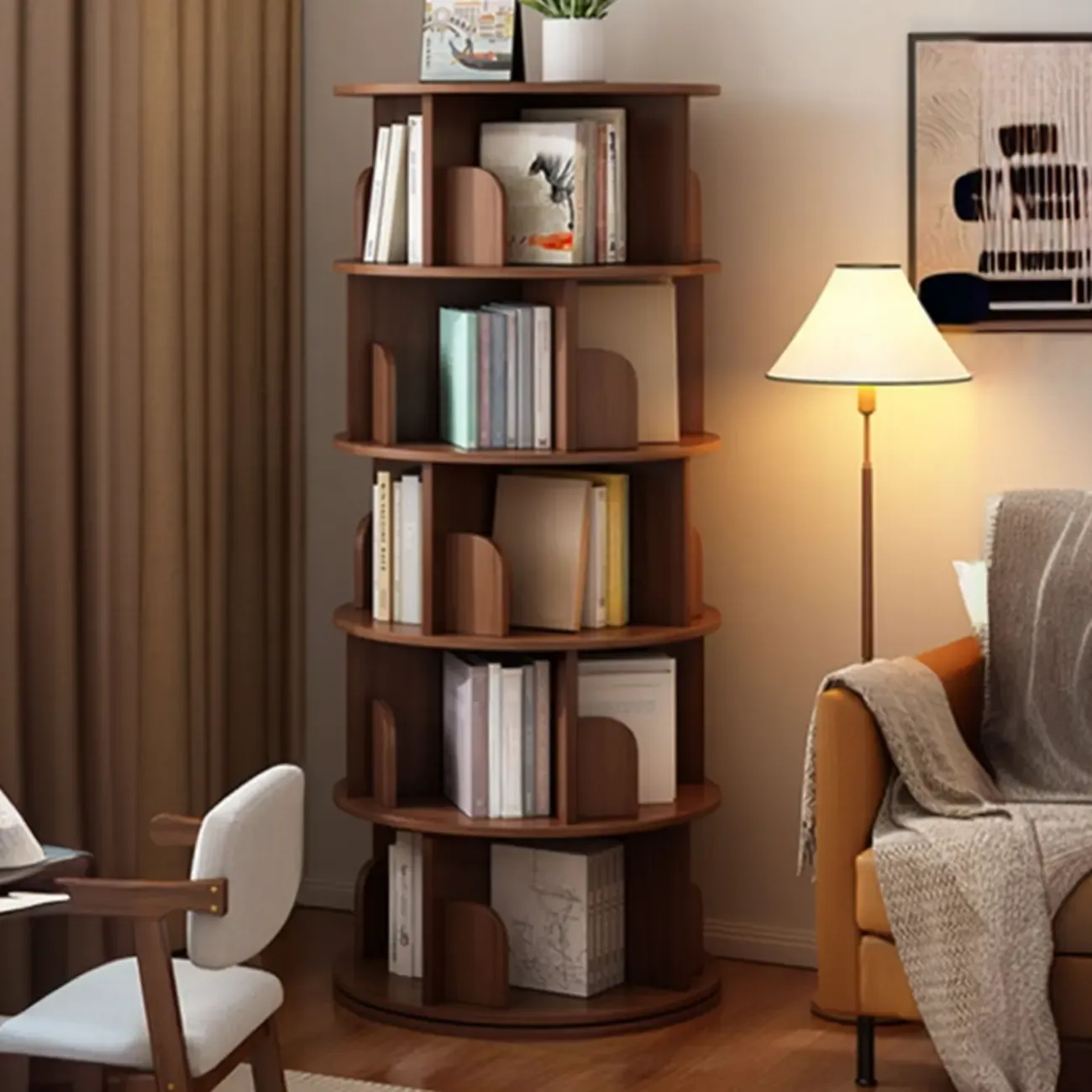 Brown Cylindrical Wooden Rotating Open-Back Bookcase