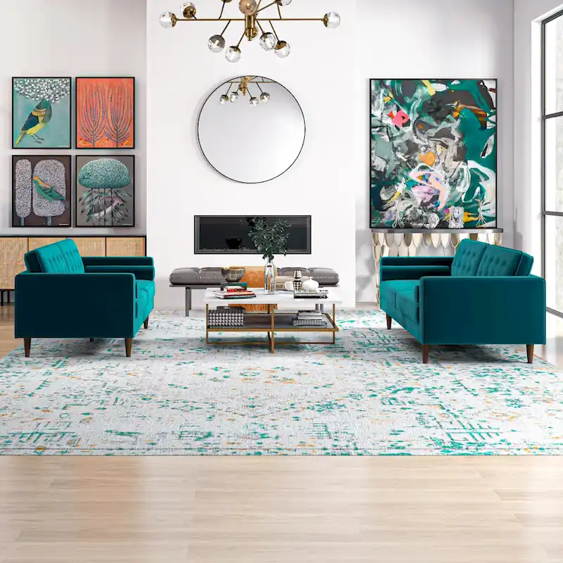 Kenzo Mid Century Pillow Back Velvet Sofa and Loveseat Set