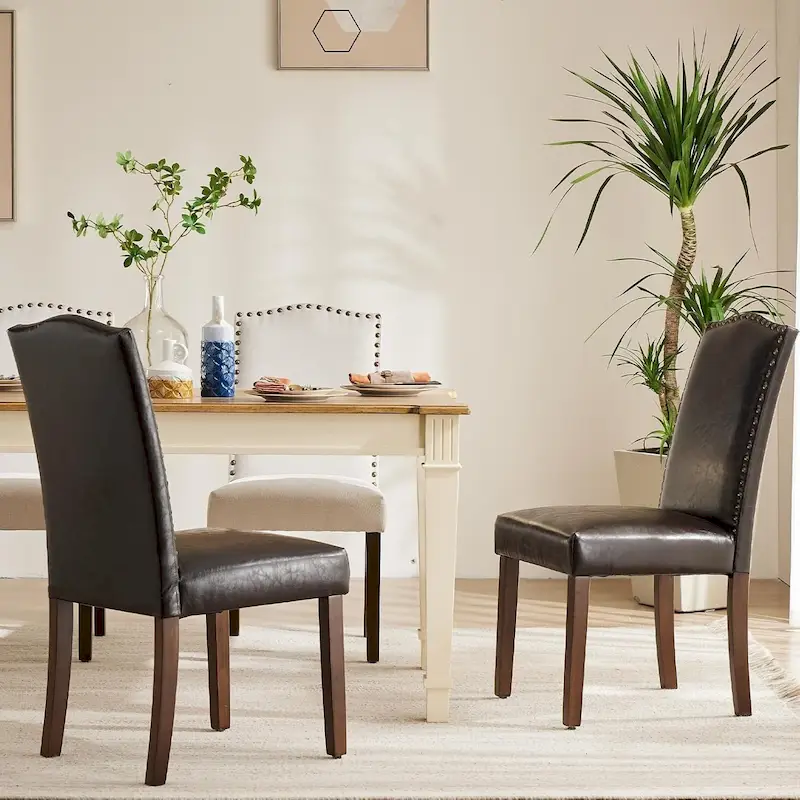 Upholstered Dining Chair Set of 2 with Nailhead Trim and Wood Legs