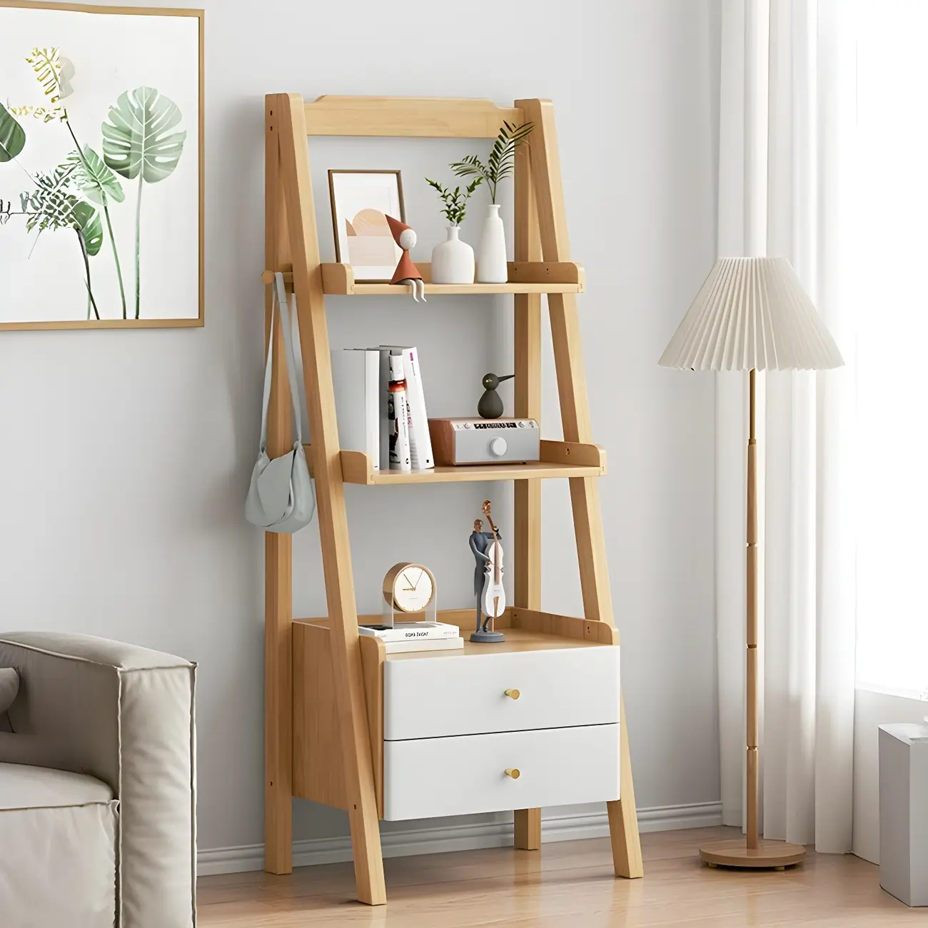 3-Tier Nut-Brown Wood Ladder Open Bookcase with Drawers