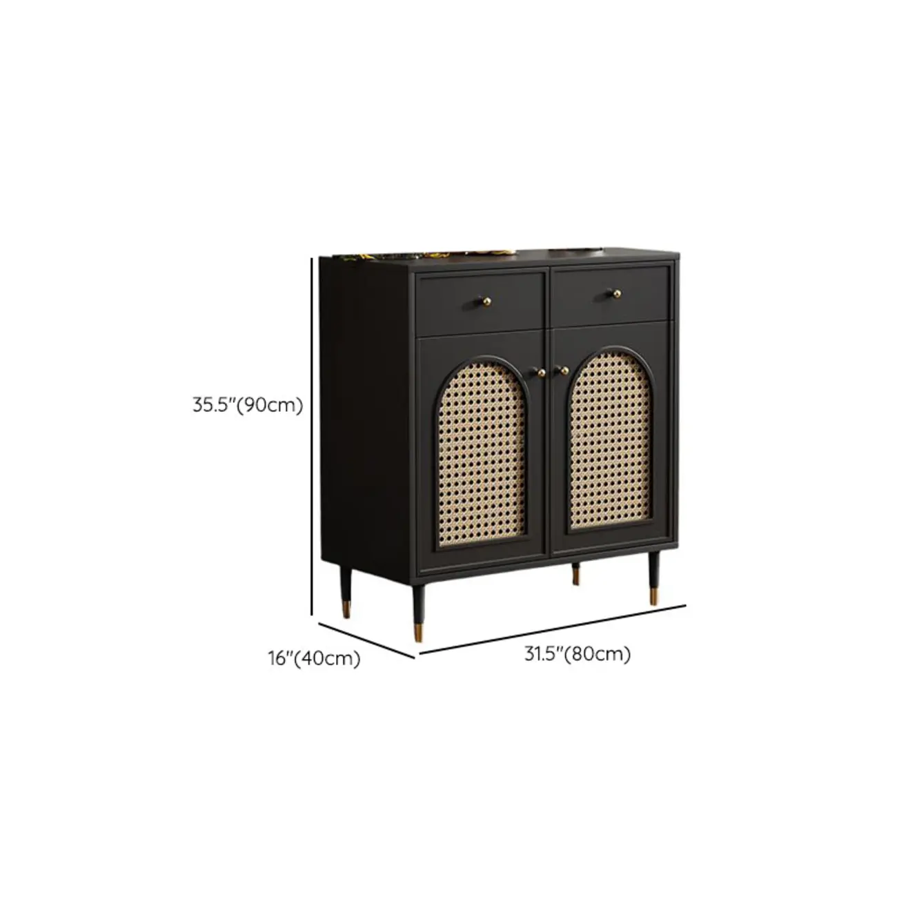 Traditional 3-Layer Rattan Wooden Black Sideboard Cabinet