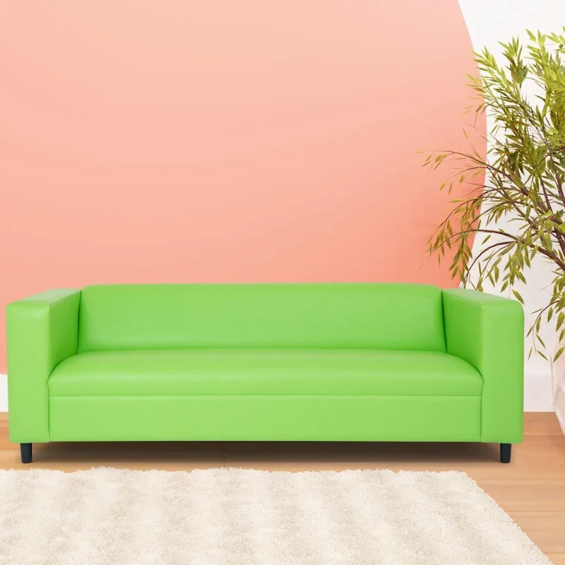 Mid-Century Modern 3-Seater Sofa, Faux Leather with Solid Wood Frame
