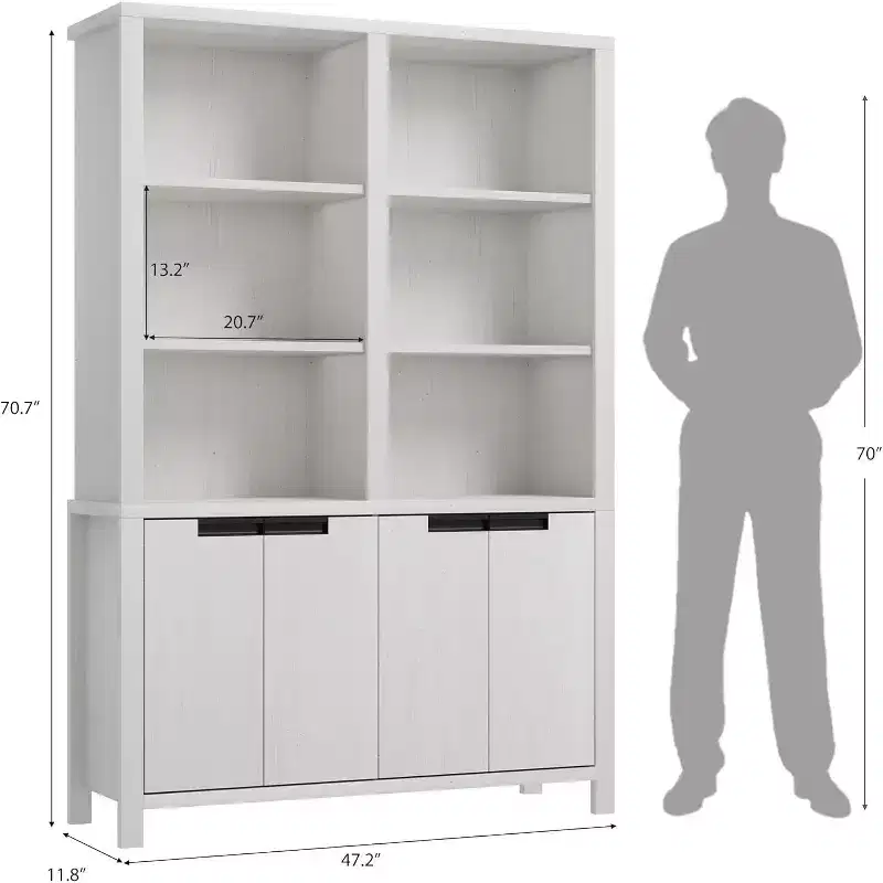 COZONY 70.7 Gray/White Farmhouse Bookcase with Doors, 5-Tier Double Wide Bookshelf with Cabinet and Adjustable Shelf