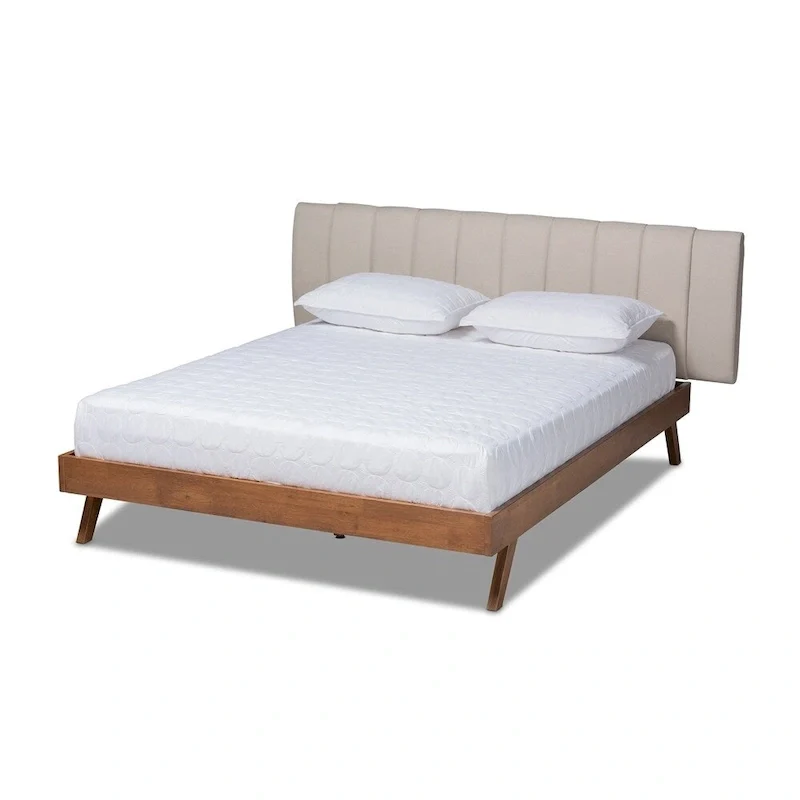Brita Mid-Century Modern Light Beige Fabric Upholstered Walnut Finished Wood Bed