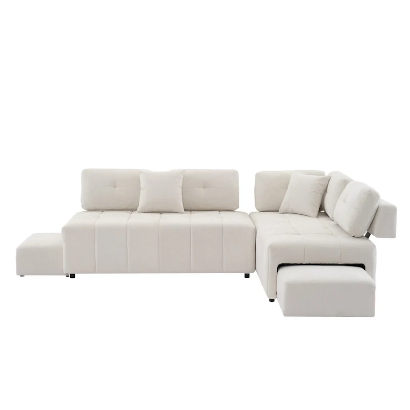 91.73 L-Shaped 4-Seat Sectional Sofa with 2 Hidden Stools, 2 Removable Lumbar Cushions, and Durable Chenille Fabric