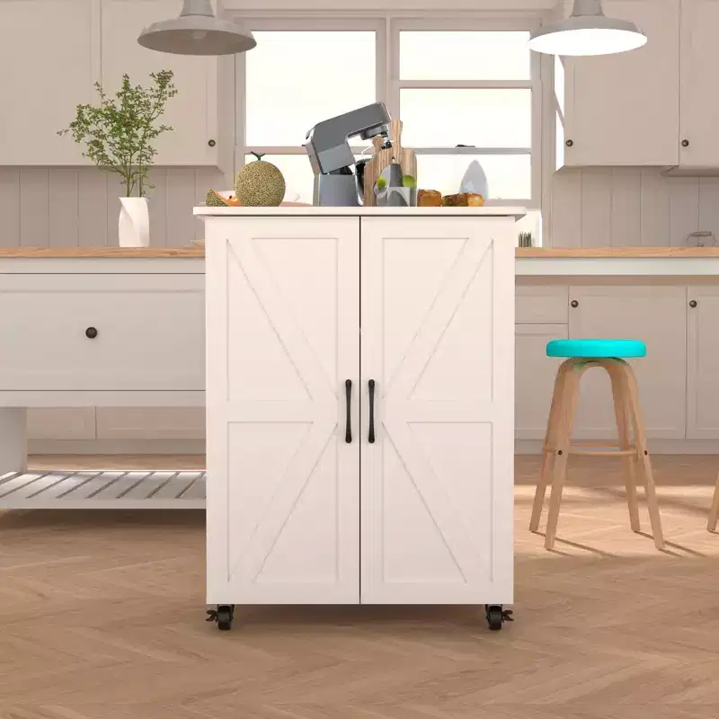 Okak Farmhouse Kitchen Island with 2 Cabinet Doors, Kitchen Cart with Ample Storage Space, Kitchen Island On Wheels for Kitchen, Dining Room, White