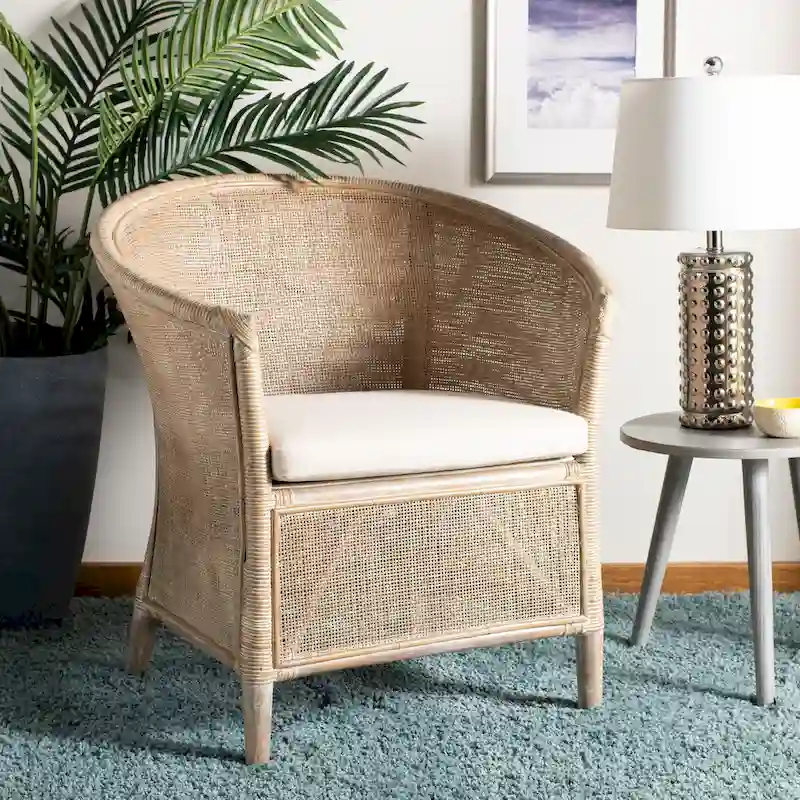 White Wash Rattan Armchair with White Cushion – 1-Seater