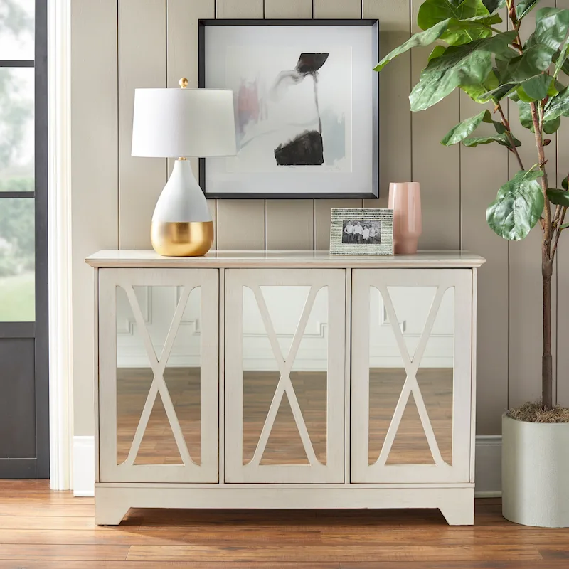 Simple Living Reflections Mirrored Buffet – X-Front Doors, 3 Adjustable Shelves, Distressed Finish, 52