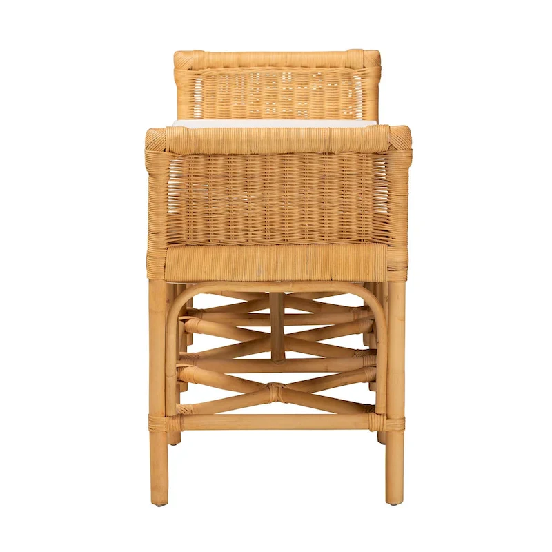Modern Bohemian Natural Brown Rattan Bench – Handcrafted Boho Entryway Seat