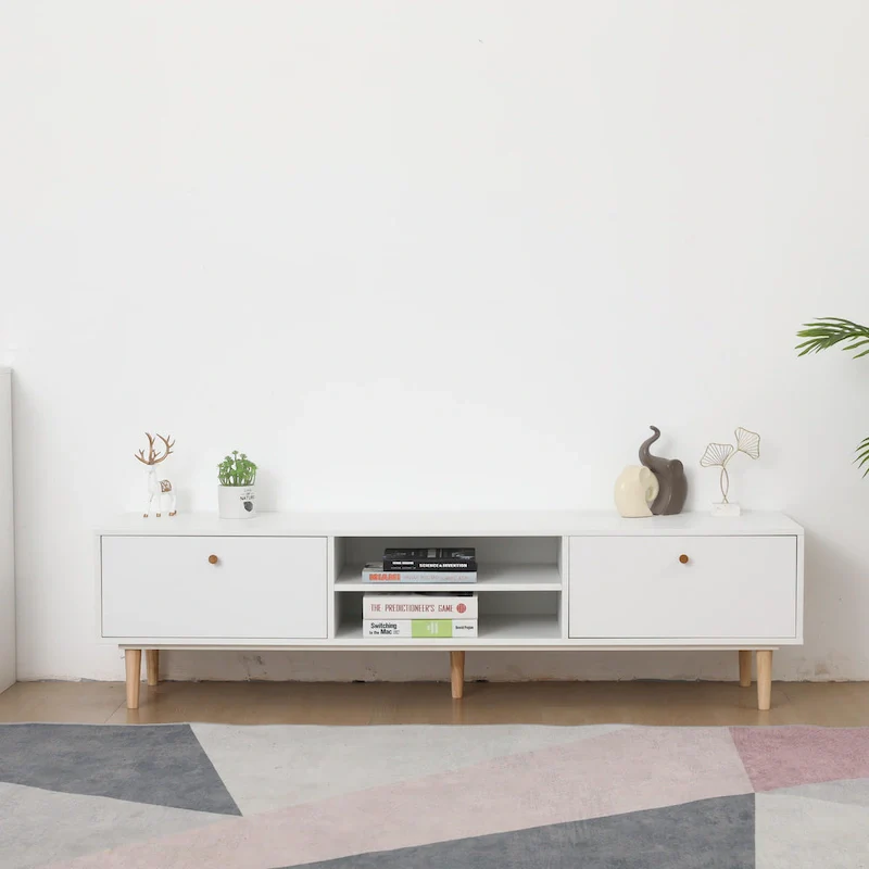 Minimalist Cream White TV Stand with 2 Storage Cabinets and 4 Solid Wood Legs for Living Room, Home Theater or Apartment