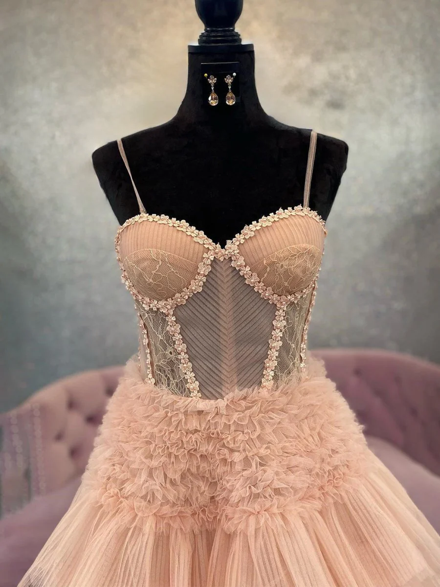 Blushing Pink Tulle Ruffle Layers Lace-Up Back A-Line Prom Dress