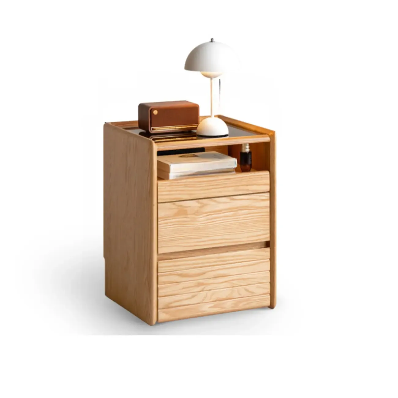Natural Wooden Multi-Drawer Nightstand with Glass Top