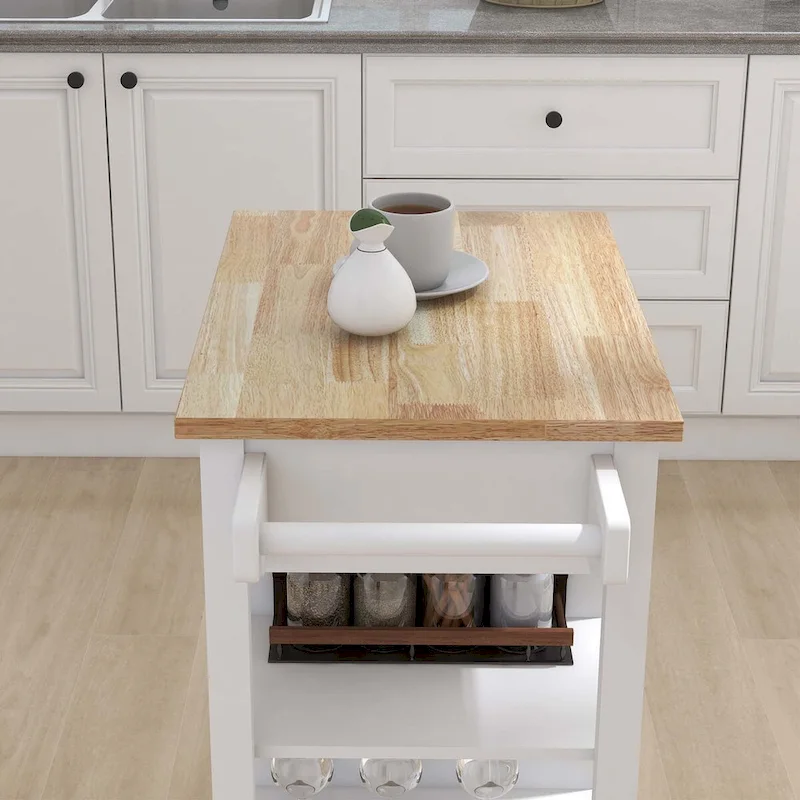 White Rolling Kitchen Island with Towel Rack