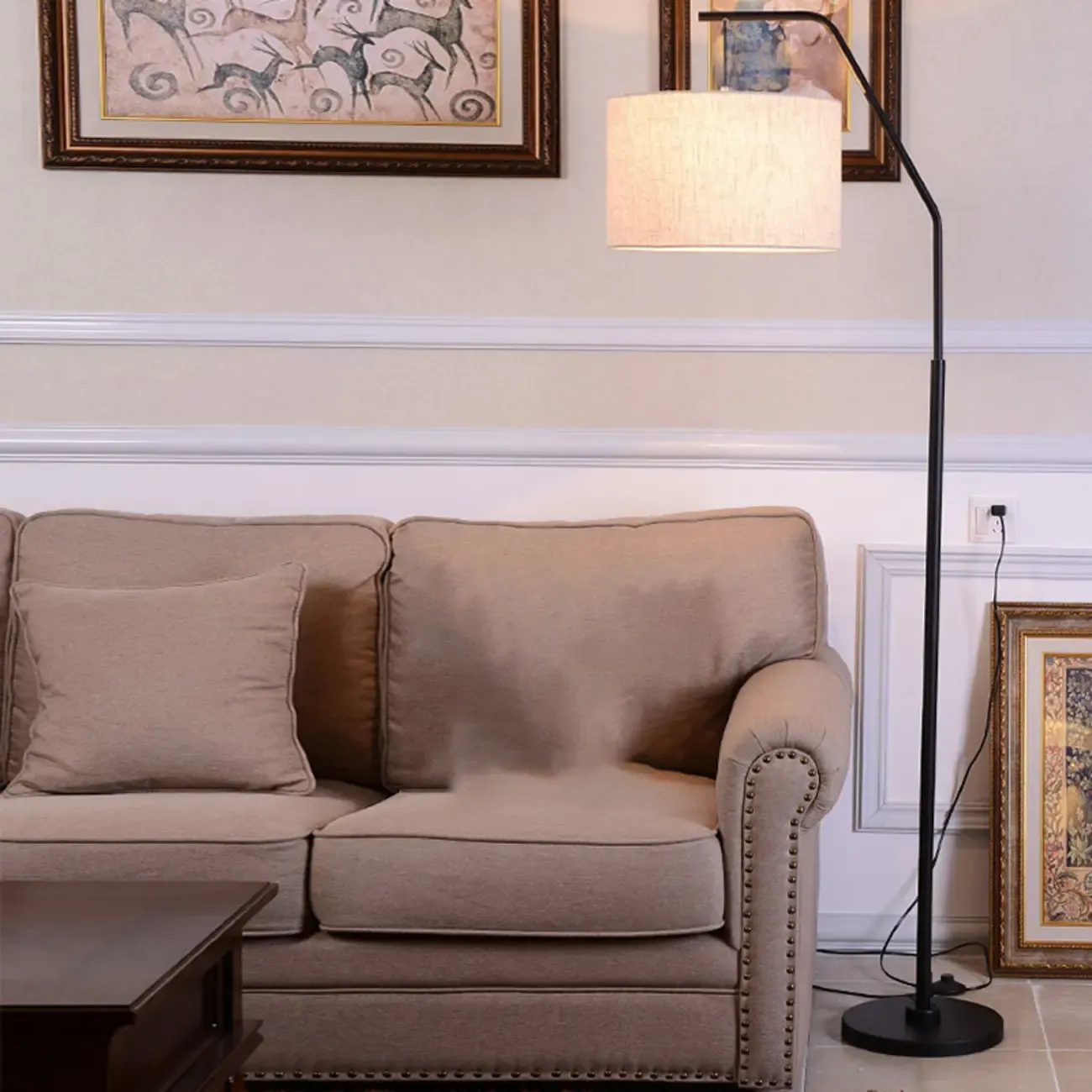 Black Traditional Floor Lamp with White Pleated Fabric Shade