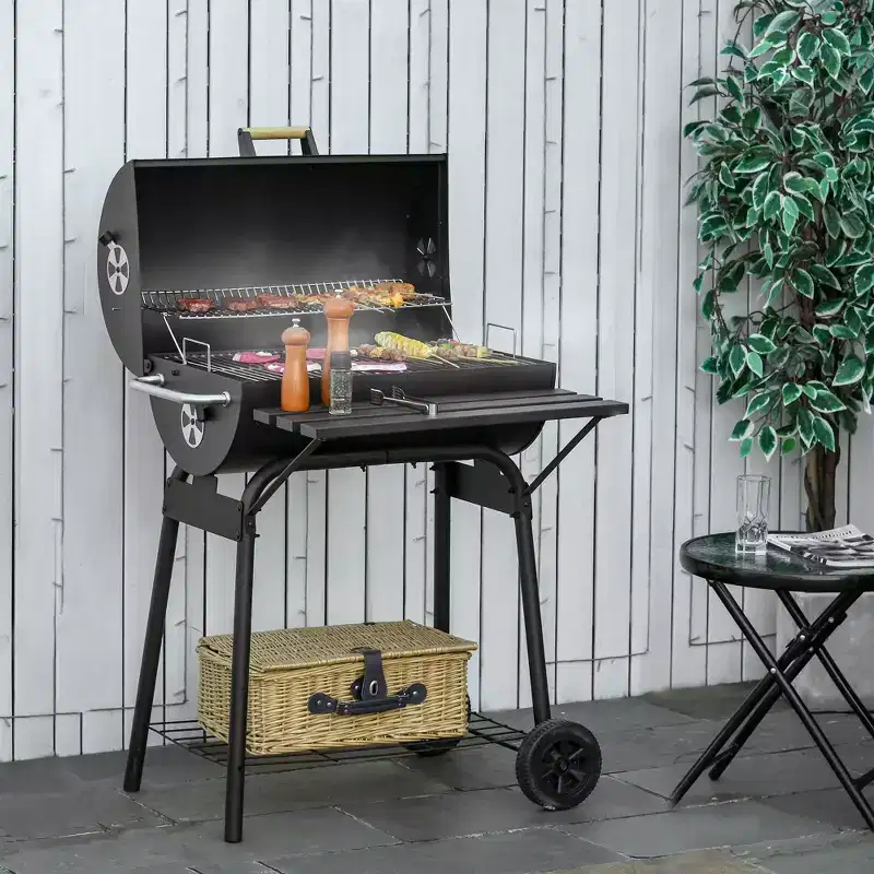 Okak 30IN Portable Barrel Charcoal BBQ Grill, Outdoor Grill with Storage Shelf and Wheels, Smoker Grill for Garden Camping Picnic, Black