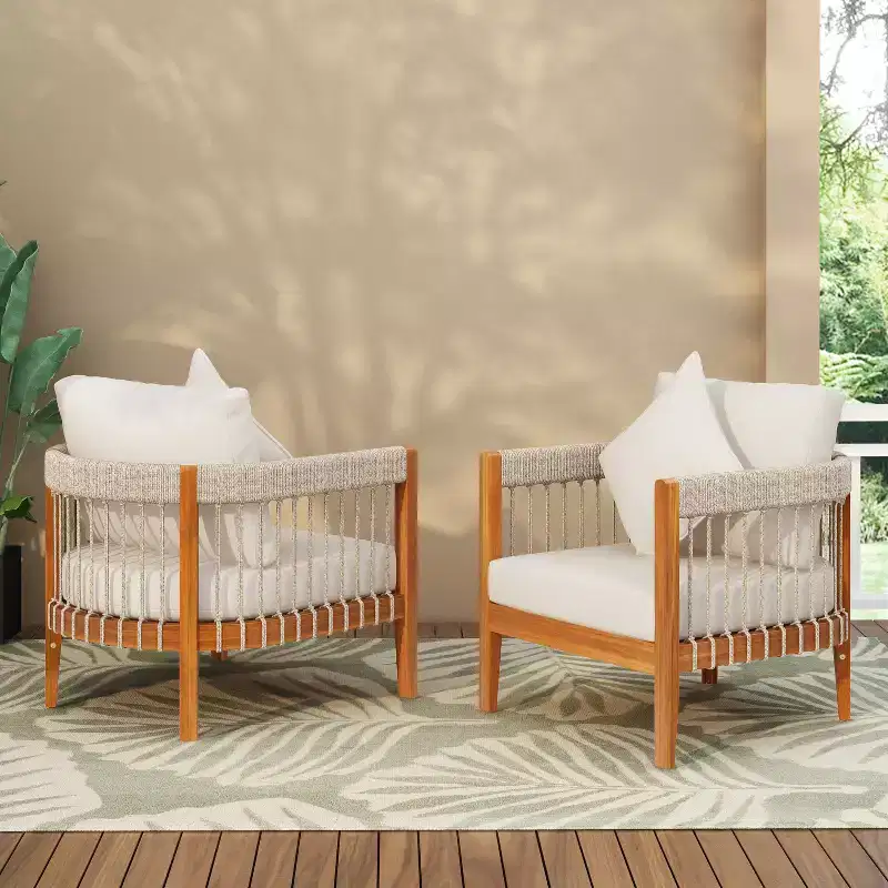 TUYOHW Patio Accent Chairs with Handwoven Rope Frame,2-Piece,Upholstered Outdoor Armchair Acacia Club Chair for Backyard&Garden,400lbs Capacity