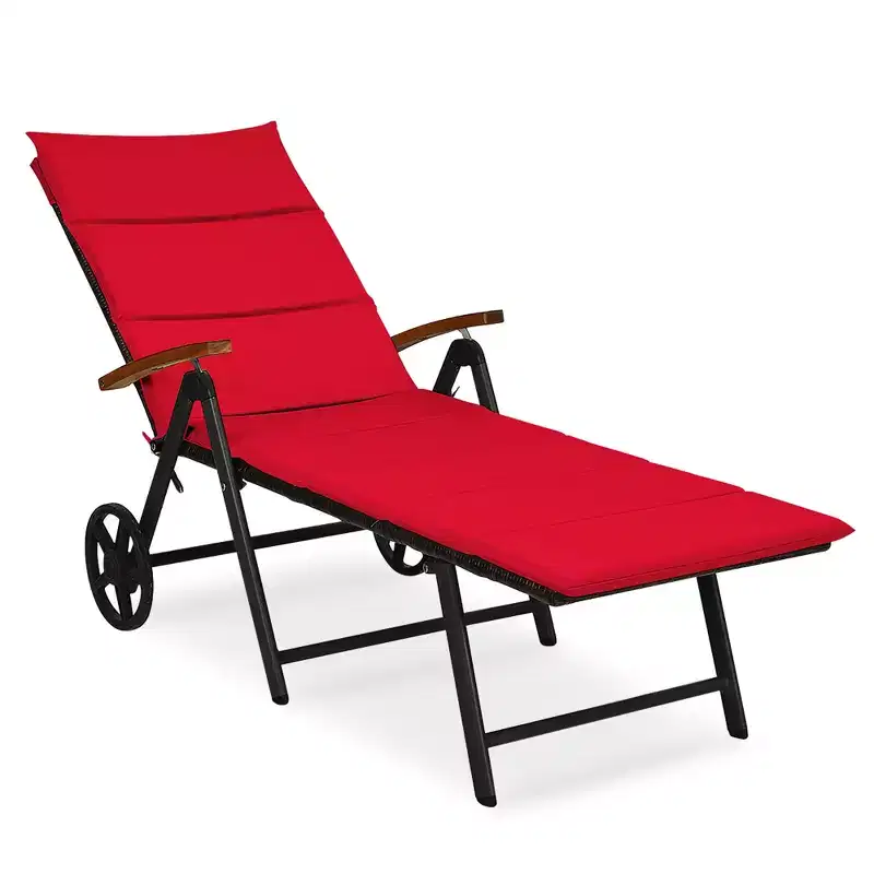 Costway 2 PCS Folding Patio Rattan Lounge Chair Cushioned Aluminum w/ Wheel